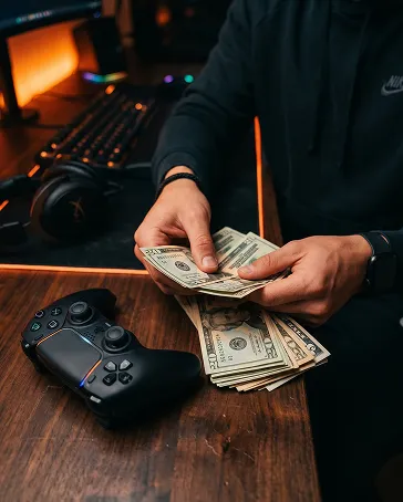 Hands counting cash at a gaming desk with a PlayStation controller, keyboard, and headset under warm orange accent lighting.